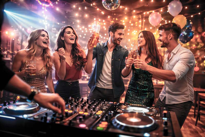 Imagen de una sala privada de alquiler en Madrid con música, DJ y grupo de personas disfrutando de una celebración de cumpleaños en ambiente festivo.