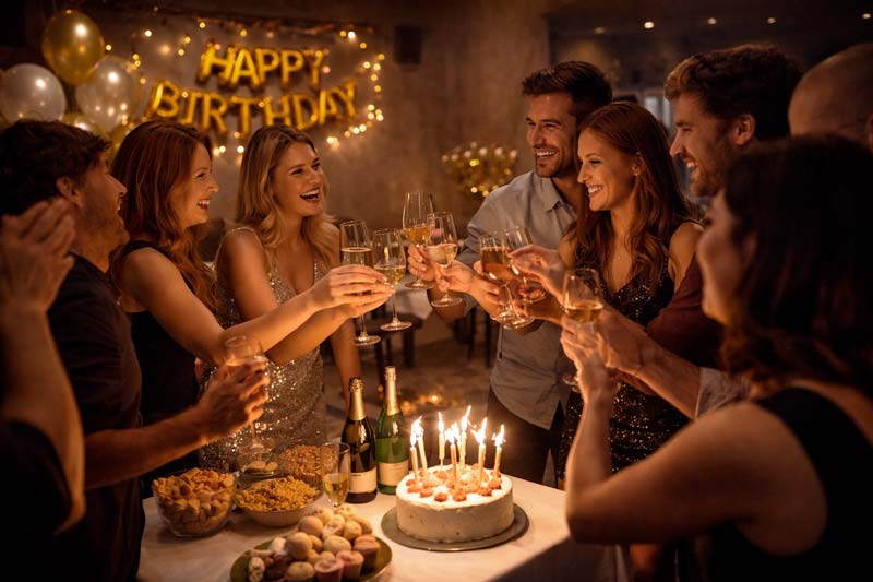 Grupo celebrando cumpleaños en un local privado con música y ambiente festivo